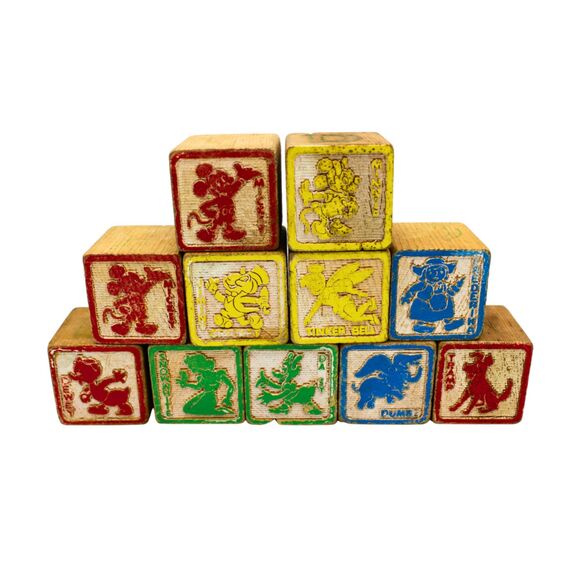 Vintage Disney Alphabet Blocks Painted Wood Embossed Characters 11+ Piece Set - Picture 2 of 5